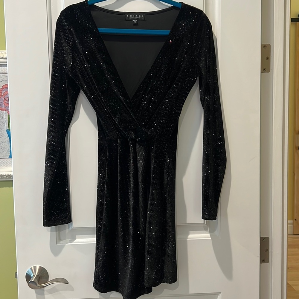 Trixxi Black long sleeve mini bodycon dress w/ sparkly/glitter rainbow pinstripe